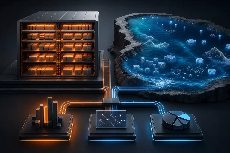 A structured data warehouse contrasted with a flexible data lake feeding governed analytics and reporting pathways.