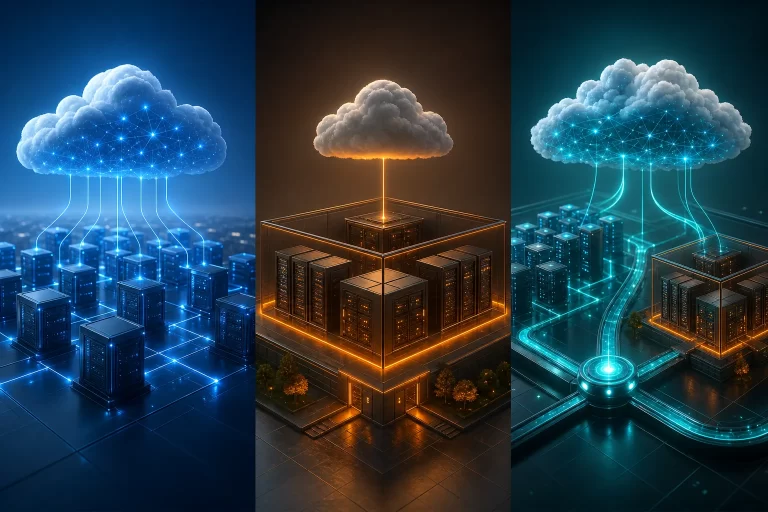 Three cloud models showing scalable public infrastructure, controlled private infrastructure and a connected hybrid environment.